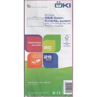 Kuvert C5/6 färbig sortiert, ohne Fenster, Haftklebestreifen (VPE=25STK)