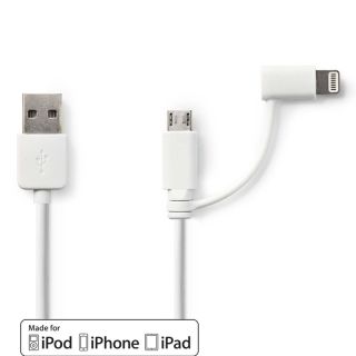 CCGP39400WT10 2 in 1-Kabel | USB 2.0 | USB-A Stecker | Apple Lightning 8-Pin / USB Micro-B Stecker | 480 Mbps | 1.00 m | Vernickelt | Rund | PVC | Weiss | Plastikbeutel
