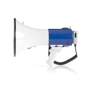 MEPH200WT Megaphon | Maximale Reichweite: 1500 m | max. Lautstärke-Regler: 135 dB | Abnehmbares Mikrofon | Eingebaute Sirene | Schulterriemen | Blau / Weiss