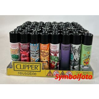 Clipper Feuerzeug Rund, 48er-Set, div. Motiv + 1 Display