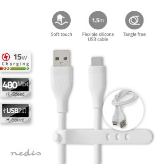 CCGB60800WT15 USB-Kabel | USB 2.0 | USB-A Stecker | USB-C? Stecker | 15 W | 480 Mbps | Vernickelt | 1.50 m | Rund | Silikon | Weiss | Box
