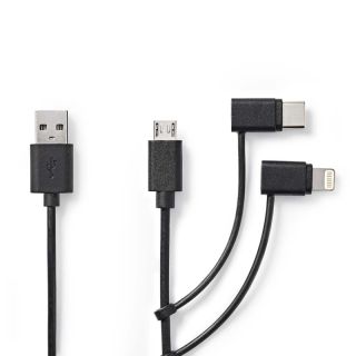 CCGL60620BK10 3 in 1-Kabel | USB 2.0 | USB-A Stecker | Apple Lightning 8-Pin / USB Micro-B Stecker / USB-C? Stecker | 480 Mbps | 1.00 m | Vernickelt | Rund | PVC | Schwarz | Label