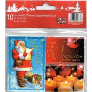 Weihnachtsgeschenkanhänger mit Goldkordel (VPE=10 Stk verschiedene Anhänger)